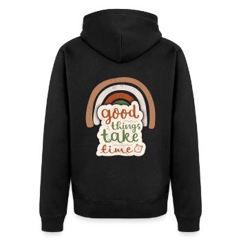 Good-Things-Take-Time Motivational Saying Rainbow - Unisex Premium Organic Zip Hoodie - black - Back - Nico (187cm)