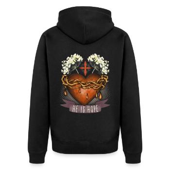 Jesus Christus, Herz-Jesu, Dornenkrone, Spruch - Unisex Premium Bio Zip Hoodie - Schwarz - Hinten - Nico (187cm)