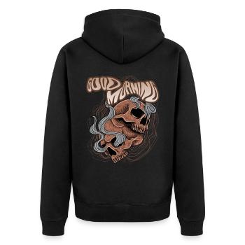 Vintage Skull Totenkopf Spruch Good-Morning - Unisex Premium Bio Zip Hoodie - Schwarz - Hinten - Nico (187cm)