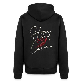 Espoir et amour Typographie d’espoir et d’amour - Veste à capuche bio Premium Unisexe - noir - Dos - Nico (187cm)