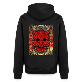 Oni-Maske, Japanischer Dämon, Kabuki-Teufel - Unisex Premium Bio Zip Hoodie - Schwarz - Hinten - Nico (187cm)