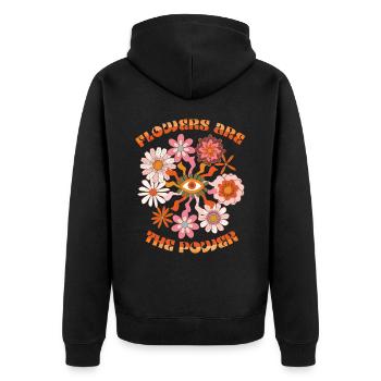 Vintage-1970 Retro-70er Jahre Groovy Blumen Spruch - Unisex Premium Bio Zip Hoodie - Schwarz - Hinten - Nico (187cm)