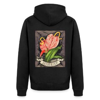 Vintage Anthurie, botanische Blumen Illustration - Unisex Premium Bio Zip Hoodie - Schwarz - Hinten - Nico (187cm)
