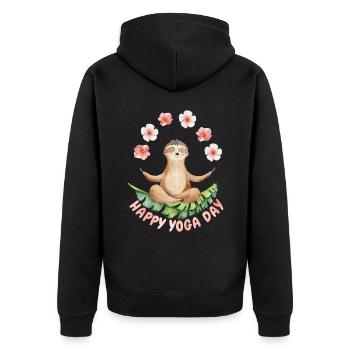 Yoga mit Sloth, lustiges Faultier und Blumen - Unisex Premium Bio Zip Hoodie - Schwarz - Hinten - Nico (187cm)