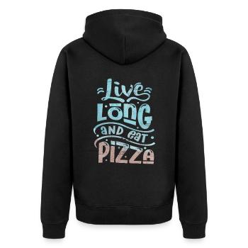 Lustiger Pizza Spruch, Eat-Pizza - Unisex Premium Bio Zip Hoodie - Schwarz - Hinten - Nico (187cm)