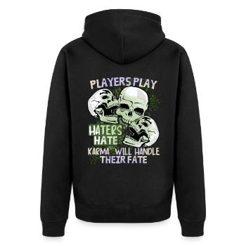Comic Totenkopf Skull lustiger Schicksal-Spruch - Unisex Premium Bio Zip Hoodie - Schwarz - Hinten - Nico (187cm)