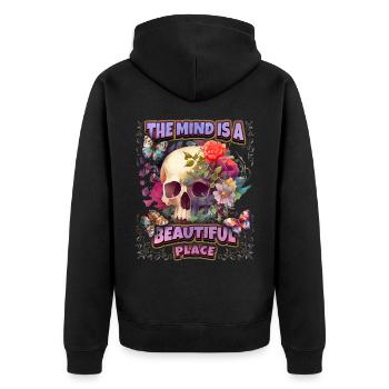 Skull Totenkopf Schädel mit Vintage Blumen, Spruch - Unisex Premium Bio Zip Hoodie - Schwarz - Hinten - Nico (187cm)