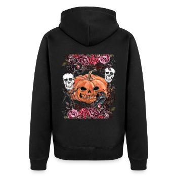 Unheimliche Totenköpfe mit Halloween-Kürbis - Unisex Premium Bio Zip Hoodie - Schwarz - Hinten - Nico (187cm)
