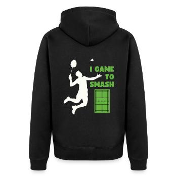 Federball Spruch, Federballspiel, Badminton Game - Unisex Premium Bio Zip Hoodie - Schwarz - Hinten - Nico (187cm)