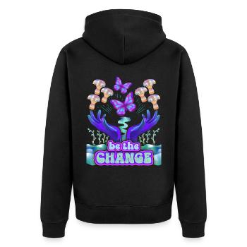 Psychedelische Pilze, Mushroom, lustiger Spruch - Unisex Premium Bio Zip Hoodie - Schwarz - Hinten - Nico (187cm)