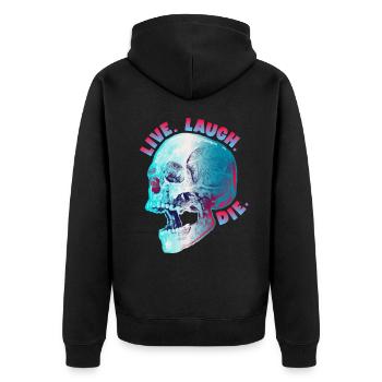 Lustiger Totenkopf, morbider Spruch, Biker Design - Unisex Premium Bio Zip Hoodie - Schwarz - Hinten - Nico (187cm)
