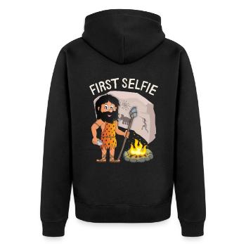 Lustiger Neandertaler, First-Selfie, Spruch, Pun - Unisex Premium Bio Zip Hoodie - Schwarz - Hinten - Nico (187cm)