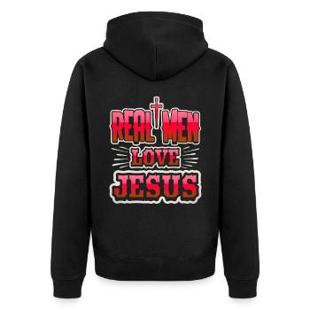 Jesus Christ, Saying Real Men Love Jesus - Unisex Premium Organic Zip Hoodie - black - Back - Nico (187cm)