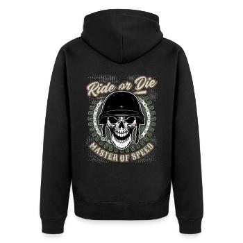 Totenkopf Biker-Skull mit Helm, Motorradfahrer - Unisex Premium Bio Zip Hoodie - Schwarz - Hinten - Nico (187cm)