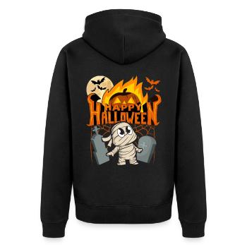 Happy Halloween Comic Mumie mit Kürbis, Spruch - Unisex Premium Bio Zip Hoodie - Schwarz - Hinten - Nico (187cm)