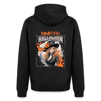 Gothic Halloween Hexe, Spruch Bootiful - Unisex Premium Bio Zip Hoodie - Schwarz - Hinten - Nico (187cm)
