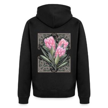Protea vintage botanische Illustration, Blumen - Unisex Premium Bio Zip Hoodie - Schwarz - Hinten - Nico (187cm)