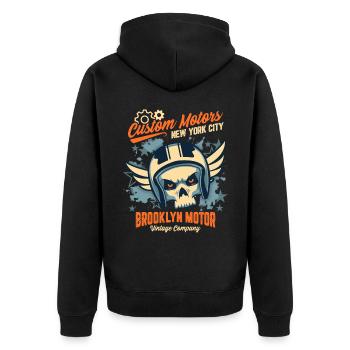 Motorrad Skull, Biker Totenkopf, Brooklyn Motor - Unisex Premium Bio Zip Hoodie - Schwarz - Hinten - Nico (187cm)