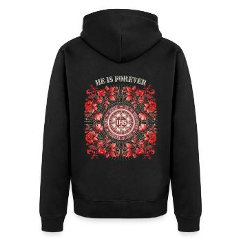 Jesus, Jesus Christus Spruch IHS mit vintage Rosen - Unisex Premium Bio Zip Hoodie - Schwarz - Hinten - Nico (187cm)