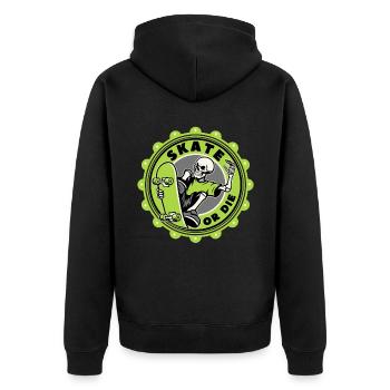 Totenkopf Skater, lustiger Spruch Skate Or Die - Unisex Premium Bio Zip Hoodie - Schwarz - Hinten - Nico (187cm)