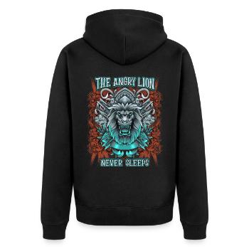 Löwen Spruch, mythologischer Löwe, Löwenkopf - Unisex Premium Bio Zip Hoodie - Schwarz - Hinten - Nico (187cm)