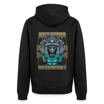 Mythologischer Löwe, Spruch mit Löwenkopf - Unisex Premium Bio Zip Hoodie - Schwarz - Hinten - Nico (187cm)