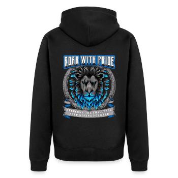 Löwe Spruch Roar with Pride, Löwenkopf - Unisex Premium Bio Zip Hoodie - Schwarz - Hinten - Nico (187cm)