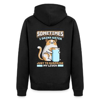 Lustige Katze trinkt Wasser anstatt Alkohol Spruch - Unisex Premium Bio Zip Hoodie - Schwarz - Hinten - Nico (187cm)