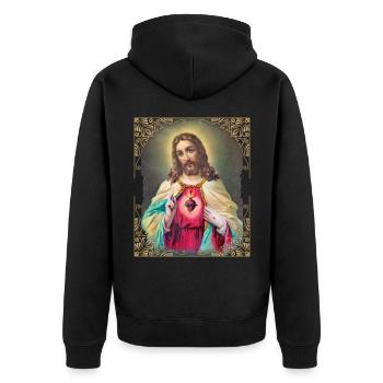 Vintage Jésus-Christ avec coeur flamboyant - Veste à capuche bio Premium Unisexe - noir - Dos - Nico (187cm)