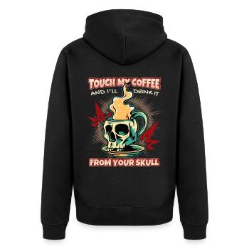 Lustiger Kaffeetrinker Spruch mit Skull Totenkopf - Unisex Premium Bio Zip Hoodie - Schwarz - Hinten - Nico (187cm)
