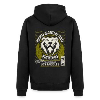 Logo d’arts martiaux avec tête de lion, combat de Los Angeles - Veste à capuche bio Premium Unisexe - noir - Dos - Nico (187cm)