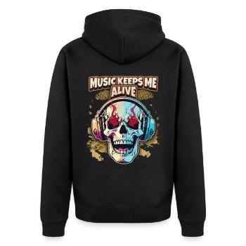 Lustiger Totenkopf mit Kopfhörer, Music Lover - Unisex Premium Bio Zip Hoodie - Schwarz - Hinten - Nico (187cm)
