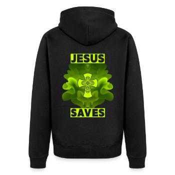 Jesus Christus, Christliches Kreuz, Jesus Saves - Unisex Premium Bio Zip Hoodie - Schwarz - Hinten - Nico (187cm)