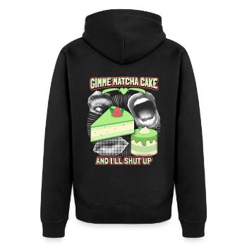 Matcha Kuchen, grüner Matcha, lustiger Spruch - Unisex Premium Bio Zip Hoodie - Schwarz - Hinten - Nico (187cm)