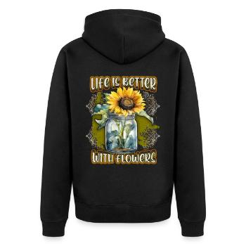 Sonnenblume Vintage botanische Blumen Illustration - Unisex Premium Bio Zip Hoodie - Schwarz - Hinten - Nico (187cm)