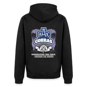 American Football, Kobras Club Logo, Spruch - Unisex Premium Bio Zip Hoodie - Schwarz - Hinten - Nico (187cm)