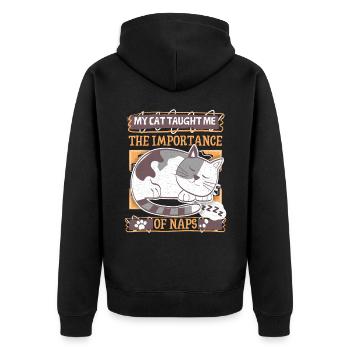 Müde Katze, lustiger Spruch, Cartoon Katze schläft - Unisex Premium Bio Zip Hoodie - Schwarz - Hinten - Nico (187cm)