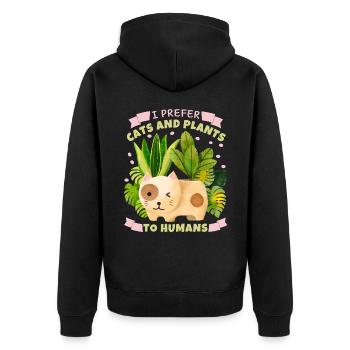Katzen und Pflanzen lustiger Spruch mit Blumentopf - Unisex Premium Bio Zip Hoodie - Schwarz - Hinten - Nico (187cm)
