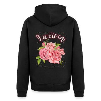 Illustration de rose, Roses aquarelle disant La Vie En - Veste à capuche bio Premium Unisexe - noir - Dos - Nico (187cm)