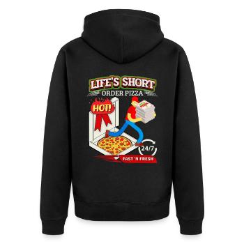 Lustiger Pizza Spruch, Pizza Lieferdienst - Unisex Premium Bio Zip Hoodie - Schwarz - Hinten - Nico (187cm)