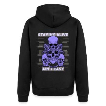 Totenköpfe, Spruch Staying Alive, Teufelsschädel - Unisex Premium Bio Zip Hoodie - Schwarz - Hinten - Nico (187cm)