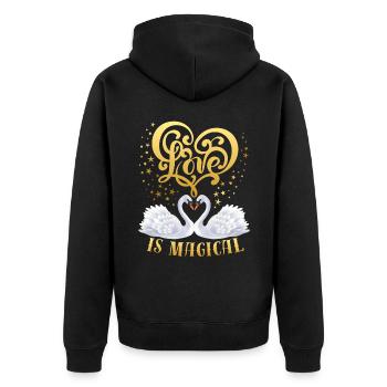 Verliebte Schwäne, Liebe-Love, Spruch - Unisex Premium Bio Zip Hoodie - Schwarz - Hinten - Nico (187cm)