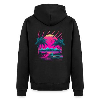 Synthwave Palm Beach - Unisex Premium Bio Zip Hoodie - Schwarz - Hinten - Nico (187cm)