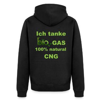 Ich tanke Bio Gas 100% CNG grün - Unisex Premium Bio Zip Hoodie - Schwarz - Hinten - Nico (187cm)