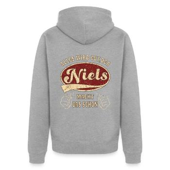 Niels alles wird gut der Niels macht das schon - Unisex Premium Bio Zip Hoodie - Grau meliert - Hinten - Nico (187cm)
