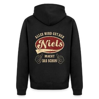 Niels alles wird gut der Niels macht das schon - Unisex Premium Bio Zip Hoodie - Schwarz - Hinten - Nico (187cm)