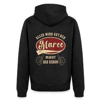 Marco alles wird gut der Marco macht das schon - Unisex Premium Bio Zip Hoodie - Schwarz - Hinten - Nico (187cm)