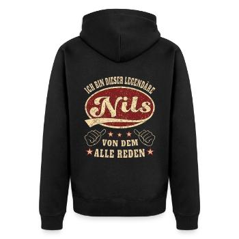 Nils ich bin dieser legendäre Nils Retro - Unisex Premium Bio Zip Hoodie - Schwarz - Hinten - Nico (187cm)