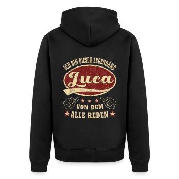 Luca ich bin dieser legendäre Luca Retro - Unisex Premium Bio Zip Hoodie - Schwarz - Hinten - Nico (187cm)
