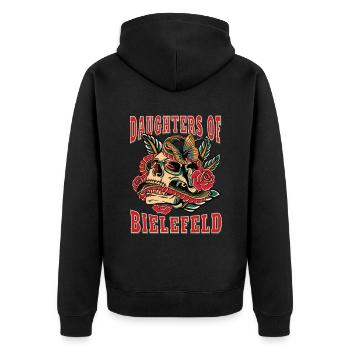 Bielefeld Power-Frau daughters of Bielefeld Retro - Unisex Premium Bio Zip Hoodie - Schwarz - Hinten - Nico (187cm)